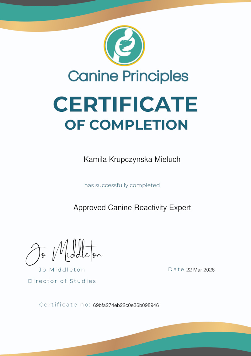 Certificate of completion of the Approved Canine Reactivity Expert programme Certificate of completion of the Approved Canine Reactivity Expert programme
