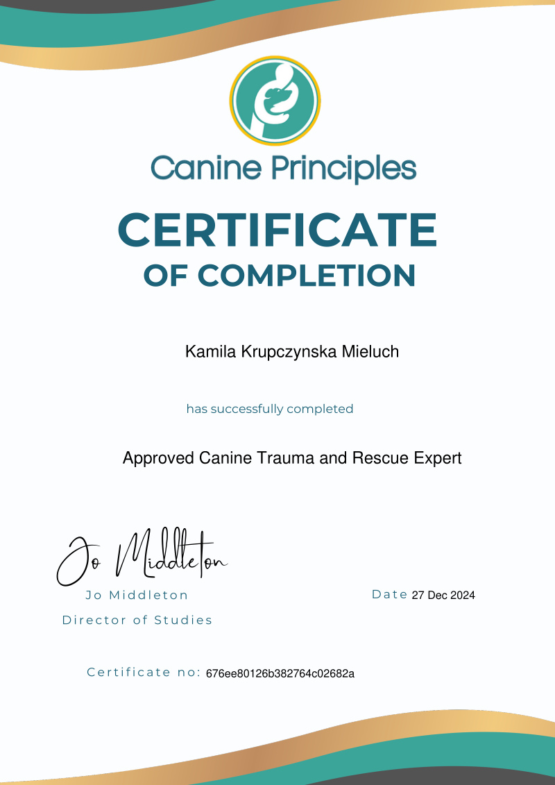 Certificate of completion of the Approved Canine Trauma and Rescue Expert programme Certificate of completion of the Approved Canine Trauma and Rescue Expert programme